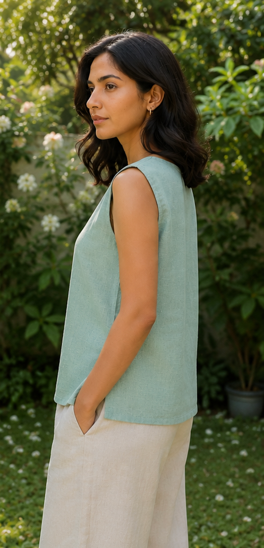 Soft Teal Khadi Sleeveless
