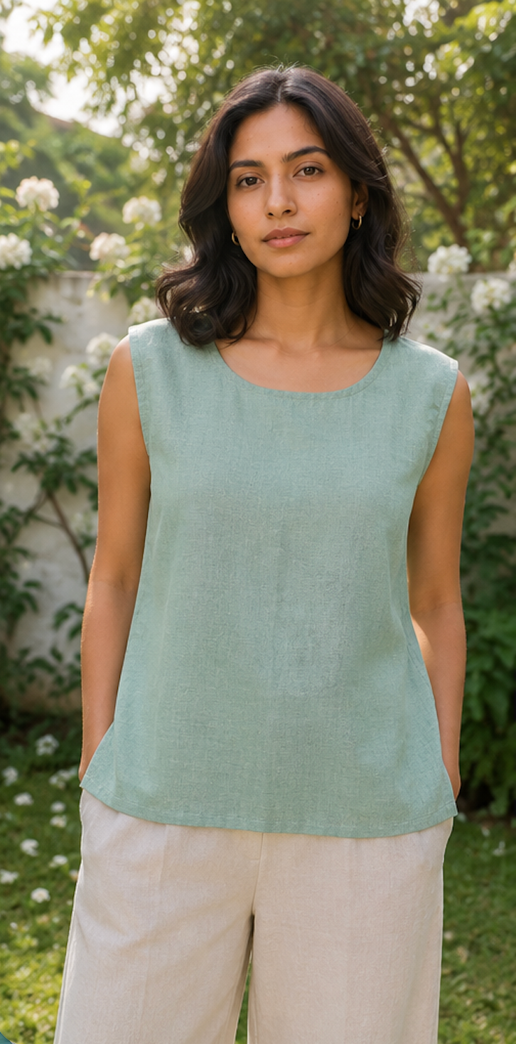 Soft Teal Khadi Sleeveless