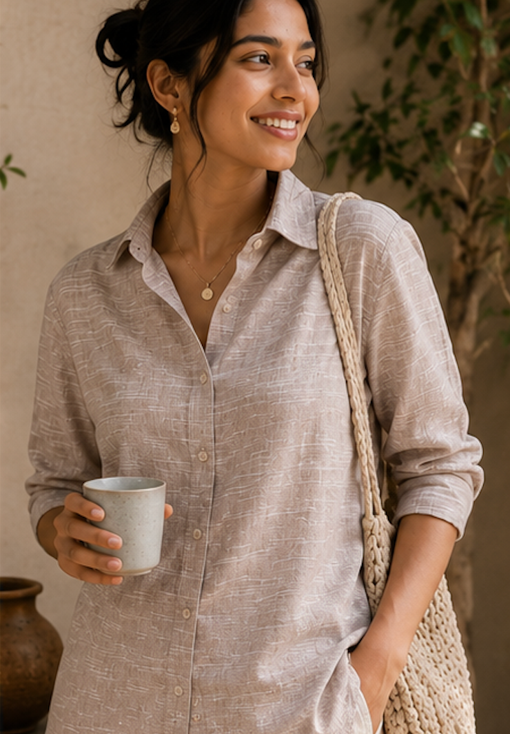 Woman wearing Khadi cotton shirt, minimal cotton, slow fashion top, holding a cup and a woven bag, standing in a warm-toned indoor setting.